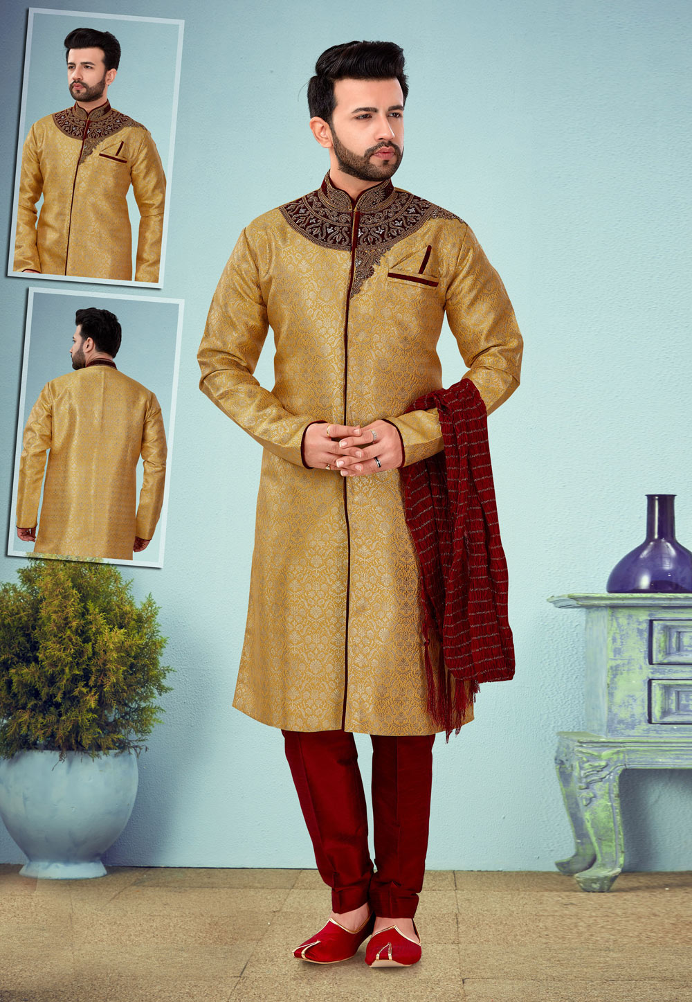 Golden Banarasi Jacquard Indo Western Suit 219976