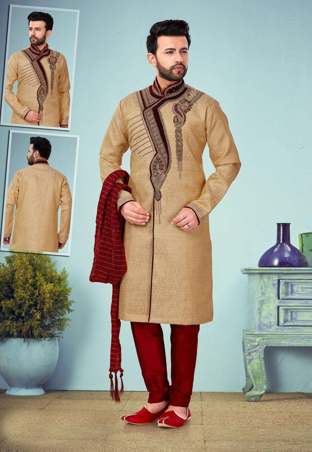 Beige Banarasi Jacquard Indo Western Suit 219977