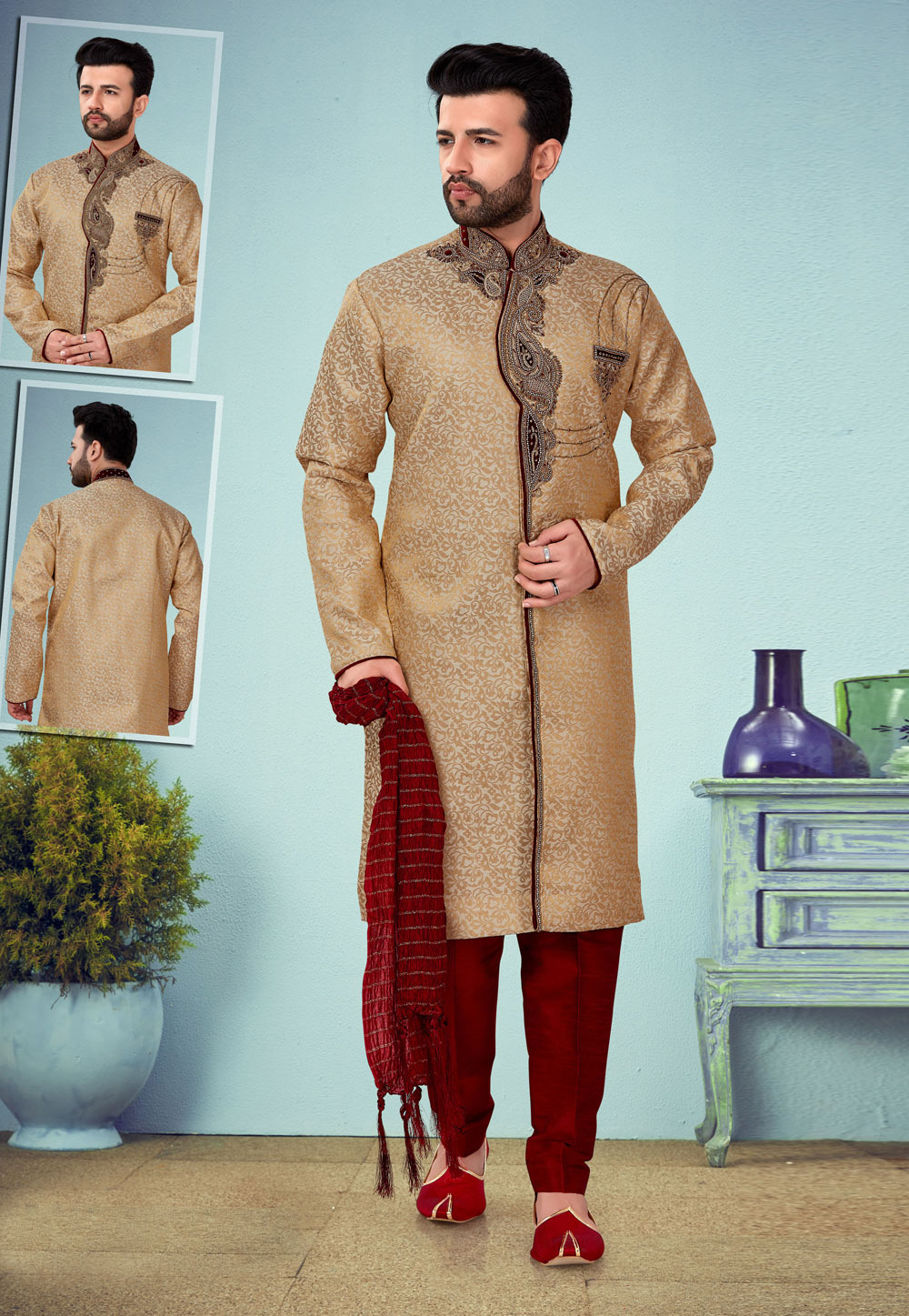 Beige Banarasi Jacquard Indo Western Suit 219978