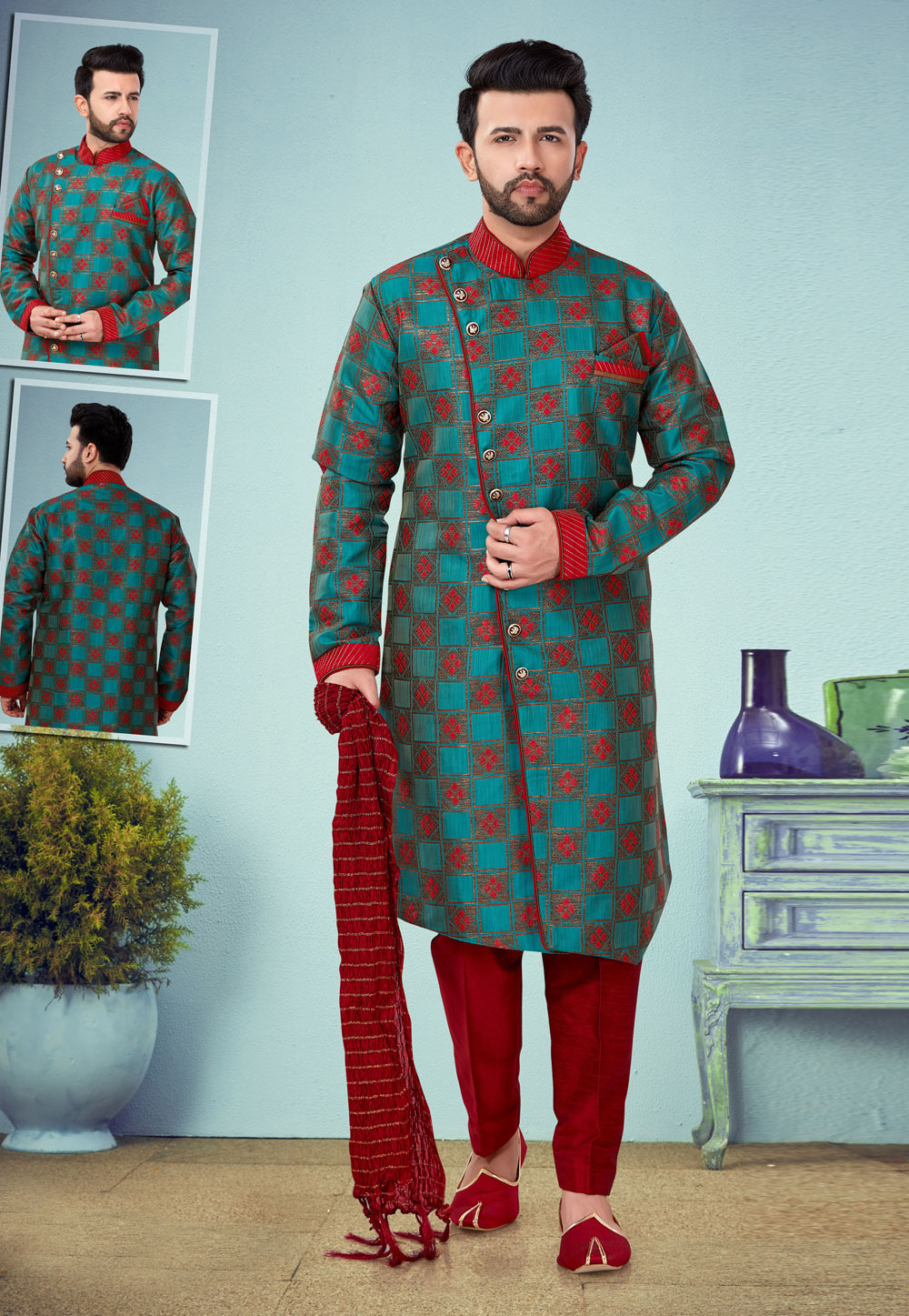 Turquoise Banarasi Jacquard Indo Western Suit 219979