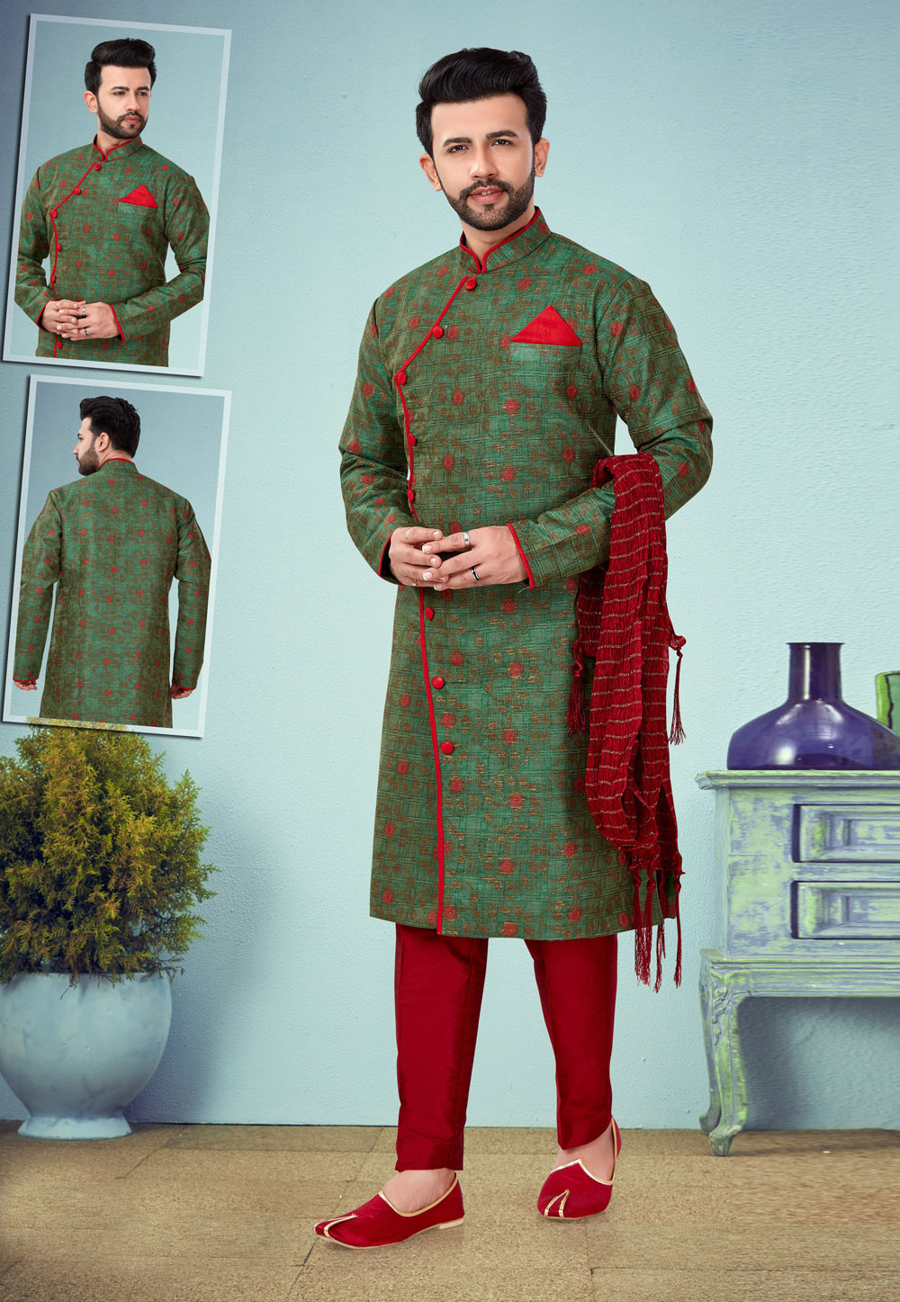 Green Banarasi Jacquard Indo Western Suit 219980