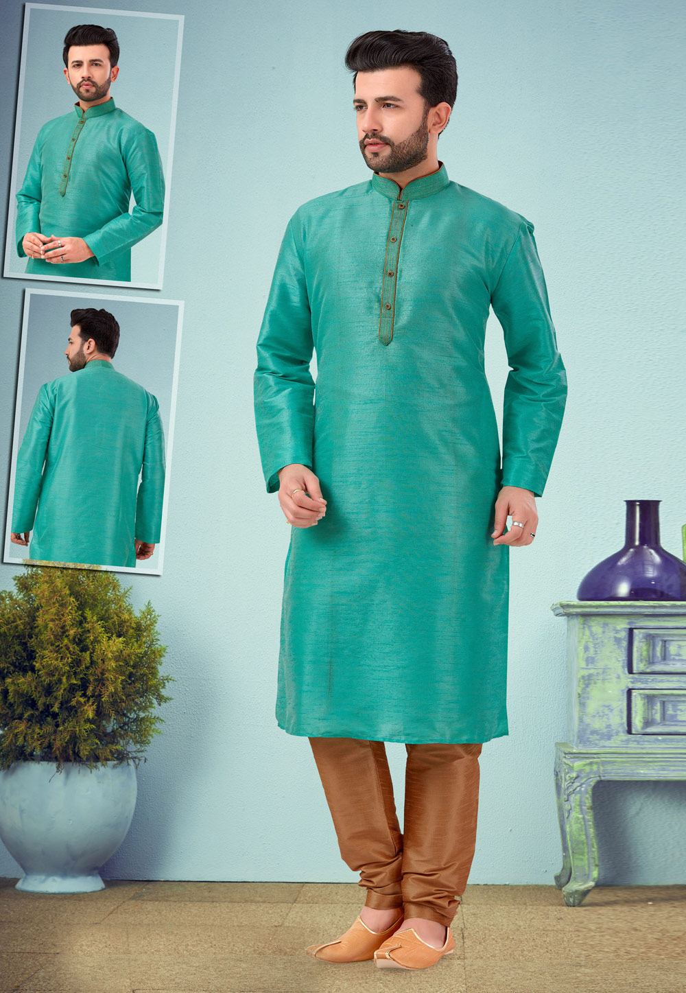Turquoise Silk Kurta Pajama 219555