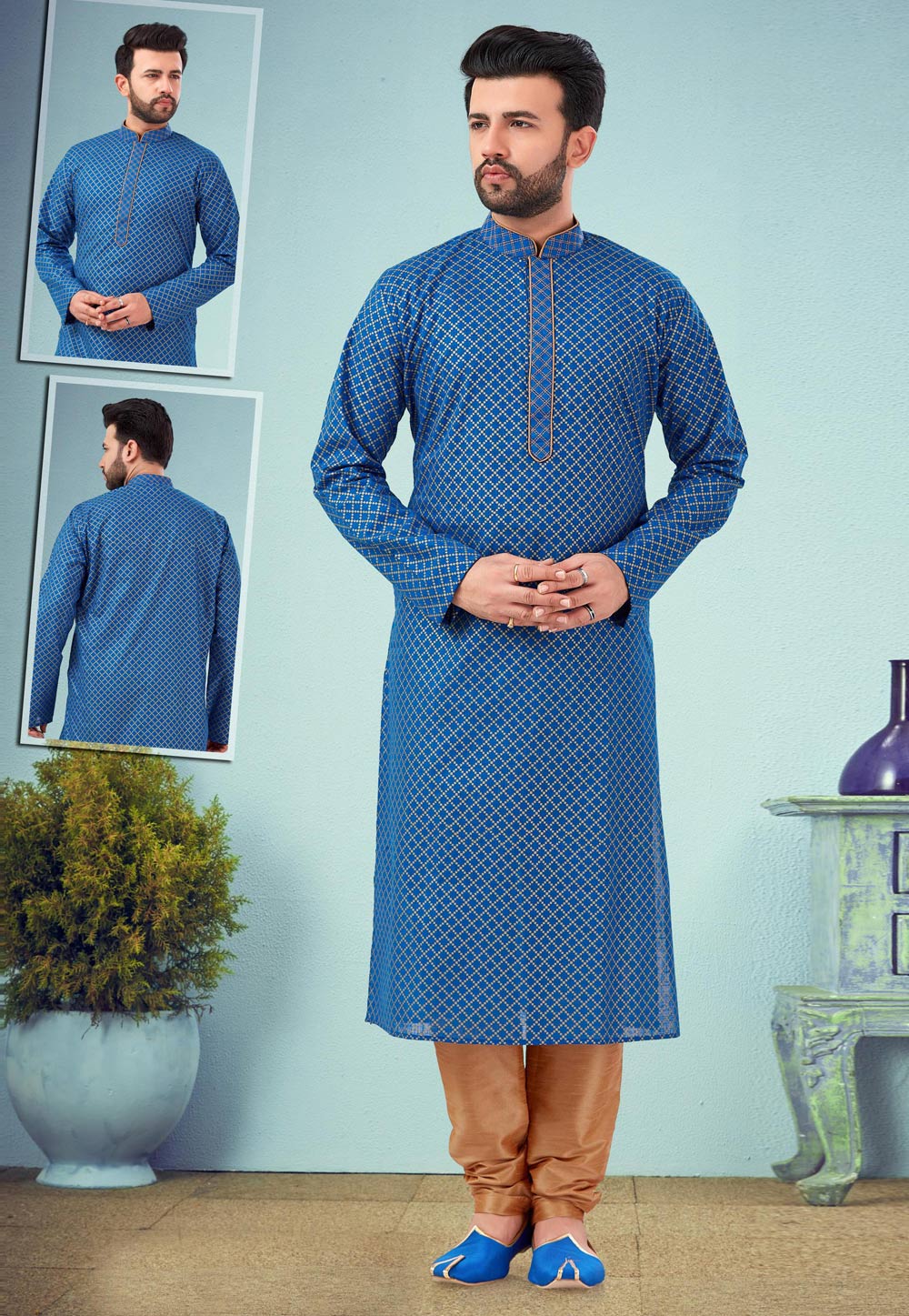 Blue Cotton Silk Kurta Pajama 219558