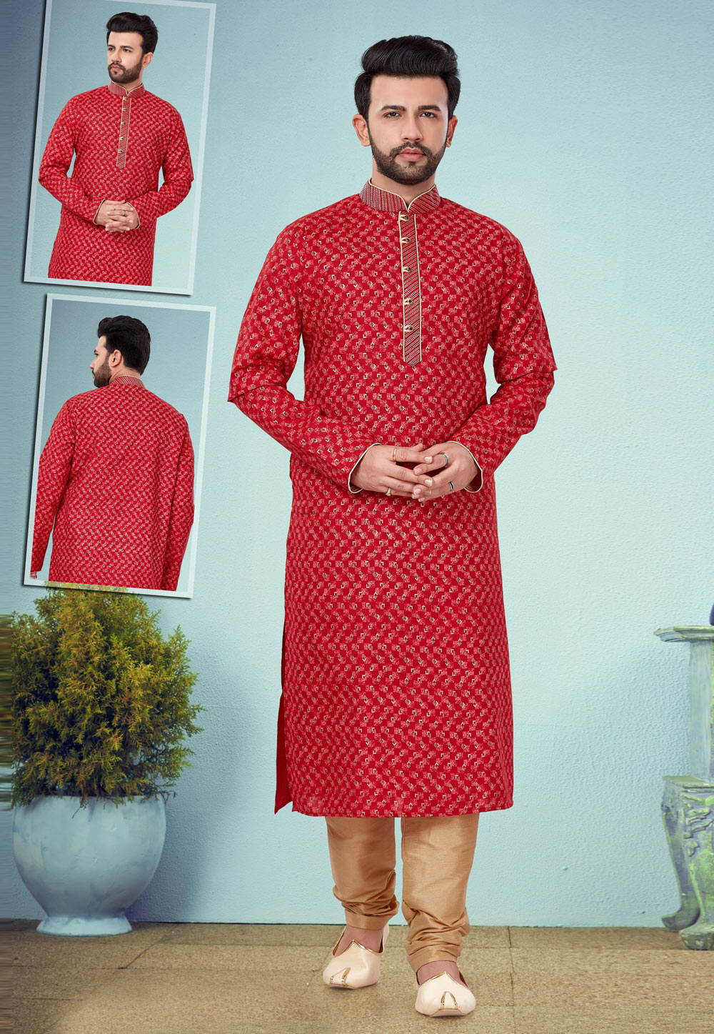 Red Cotton Silk Kurta Pajama 219562
