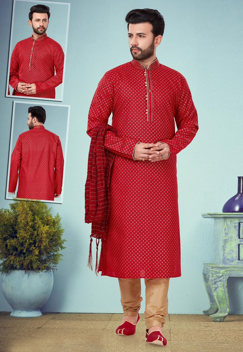 Red Cotton Silk Kurta Pajama 219563