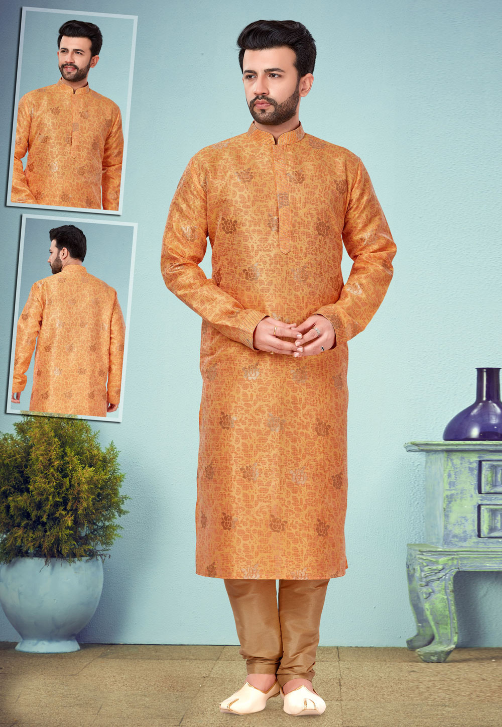 Orange Banarasi Jacquard Kurta Pajama 219566