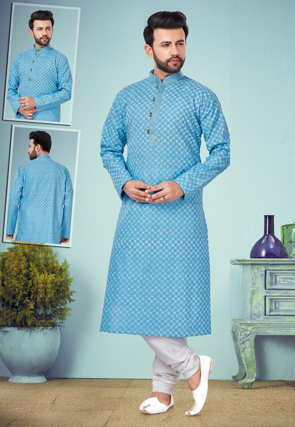 Light Blue Cotton Silk Kurta Pajama 219523