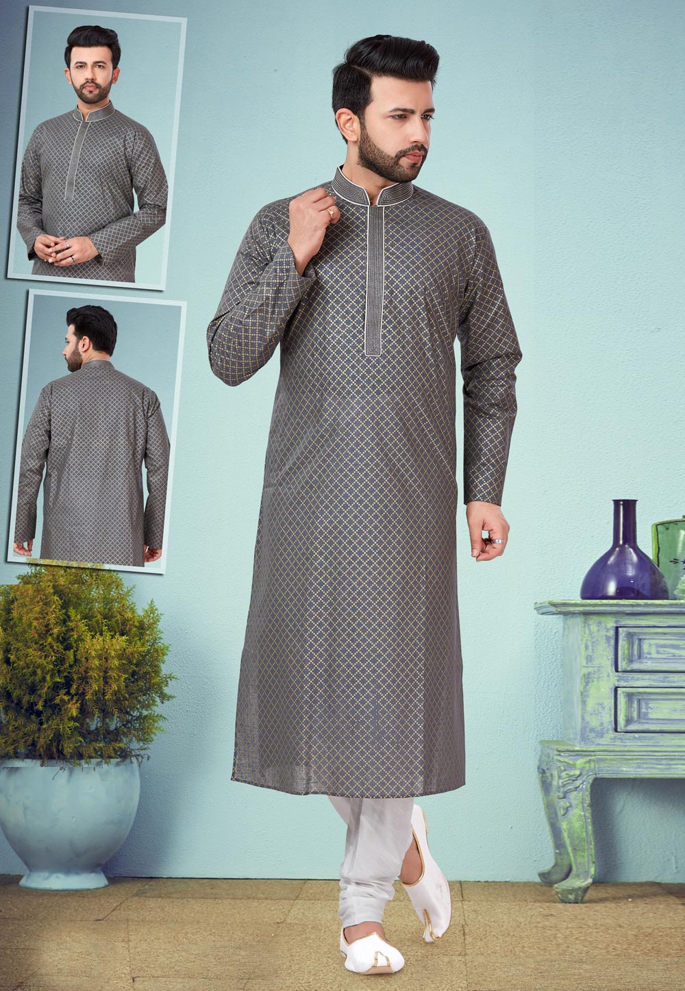 Grey Cotton Silk Kurta Pajama 219524