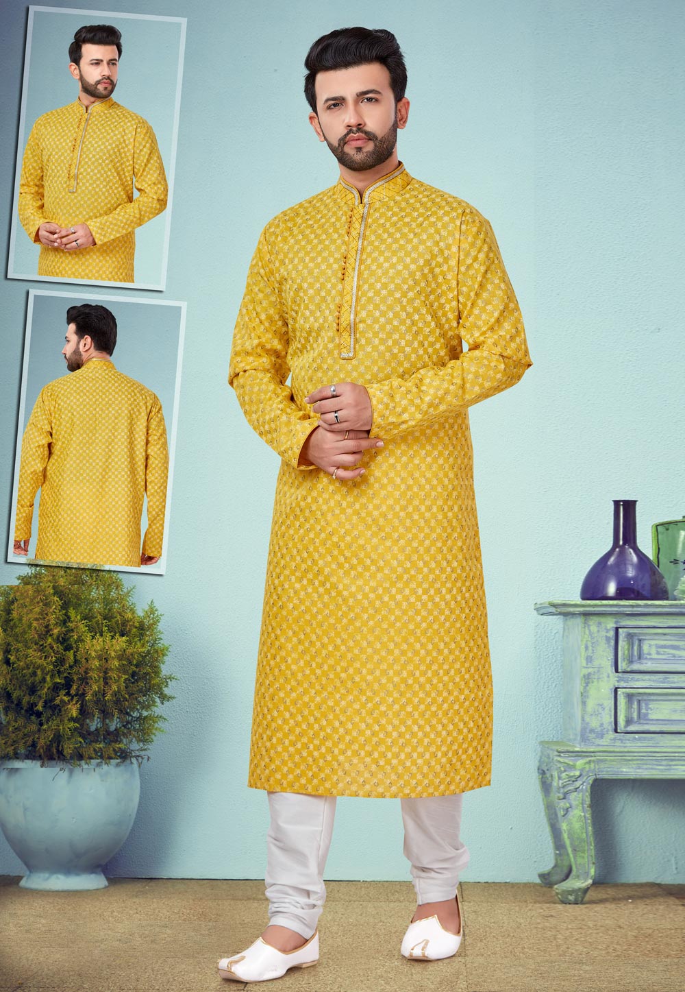 Yellow Cotton Silk Kurta Pajama 219525