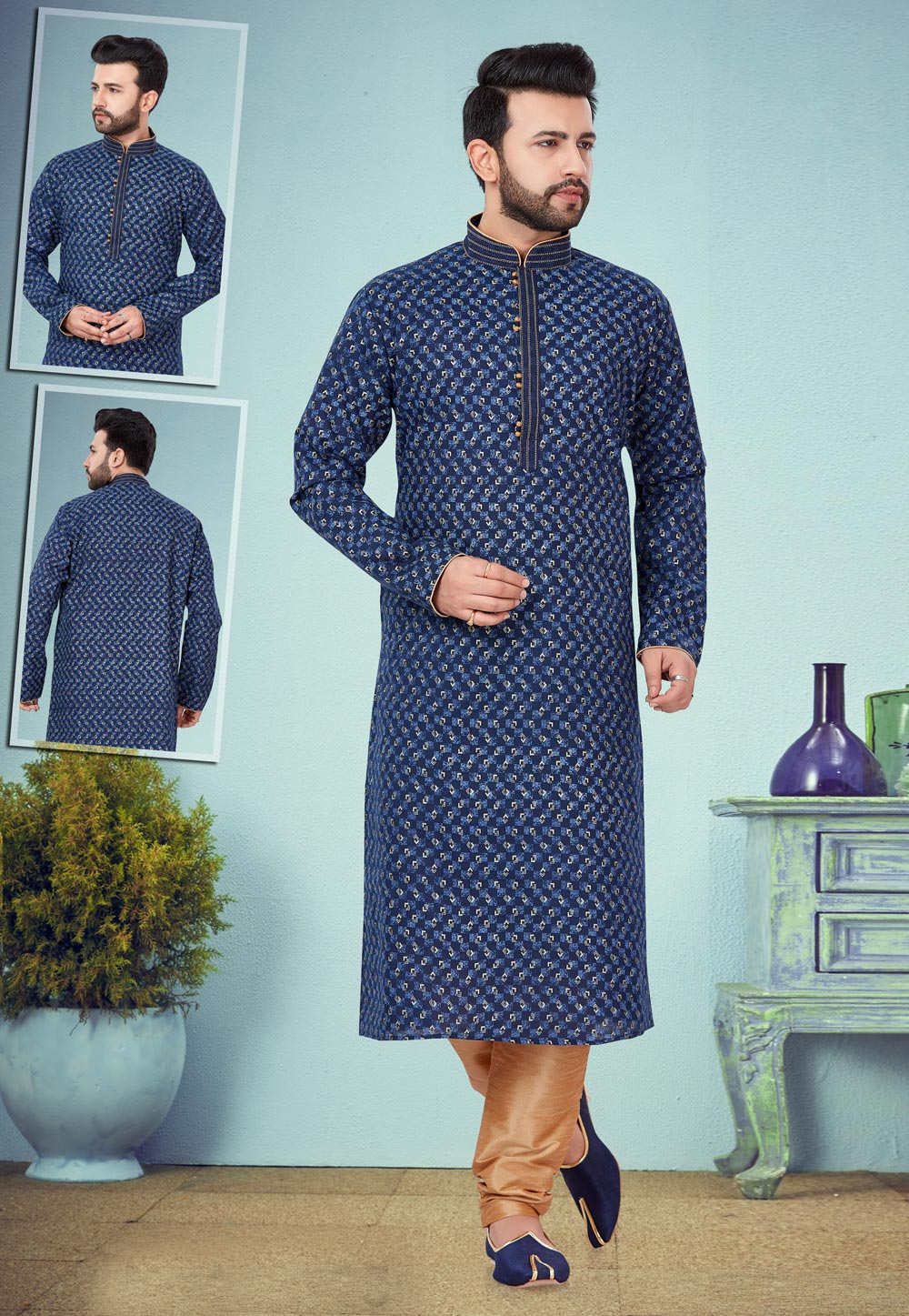 Blue Cotton Silk Kurta Pajama 219537