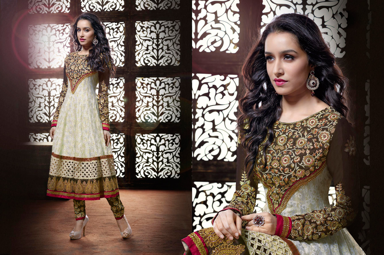 Shraddha Kapoor Off White Floral Patch Work Anarkali Suit 38909