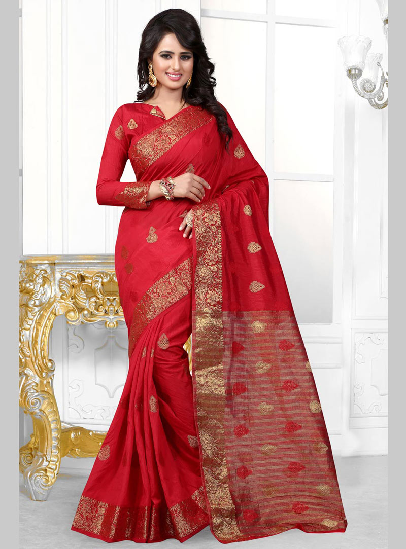 Red Banarasi Silk Saree With Blouse 71988