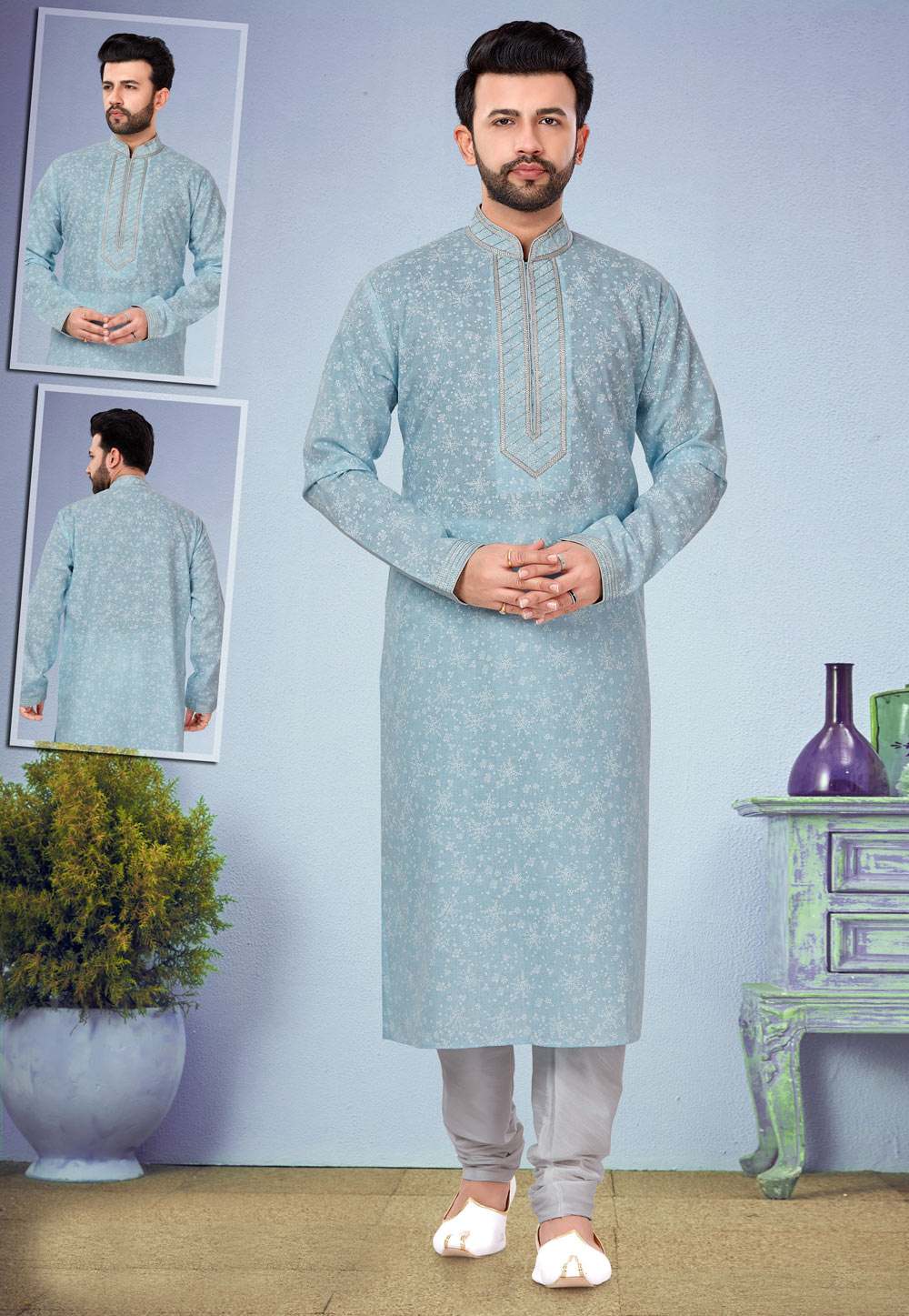 Light Blue Cotton Silk Kurta Pajama 219543