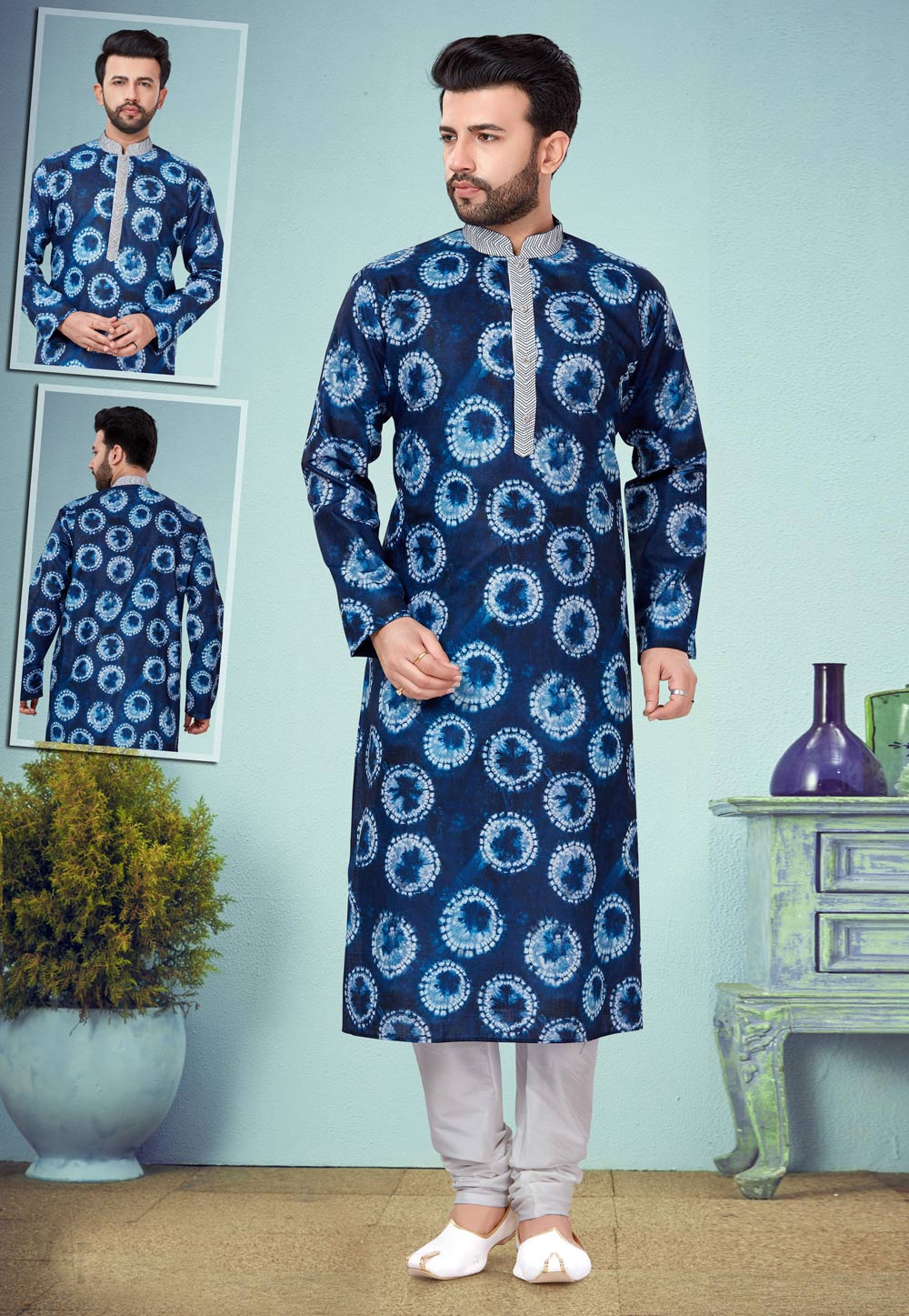 Blue Cotton Silk Kurta Pajama 219545
