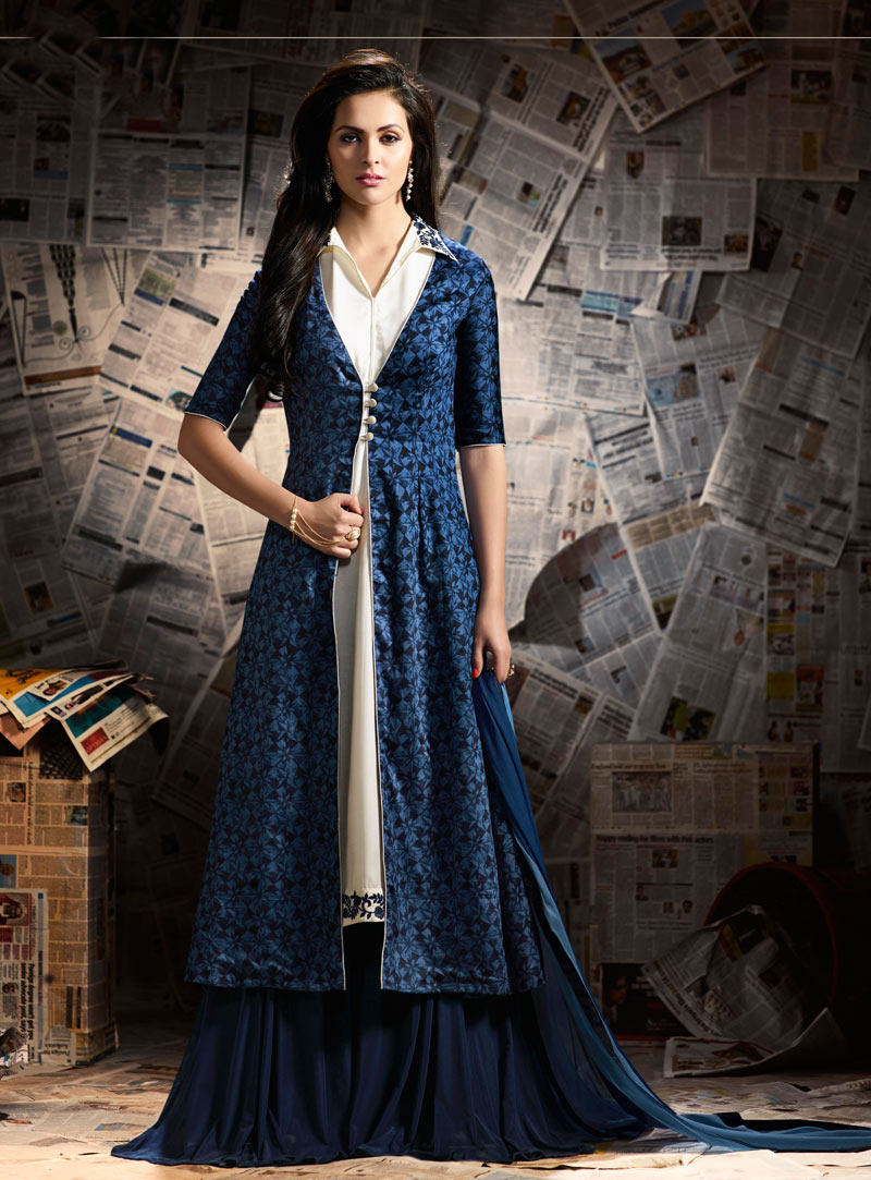 Navy Blue Cotton Palazzo Style Suit With Jacket 89679