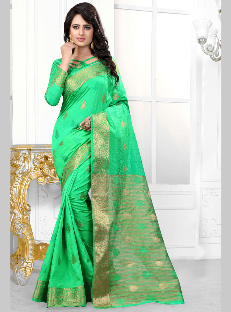 Green Banarasi Silk Saree With Blouse 71990