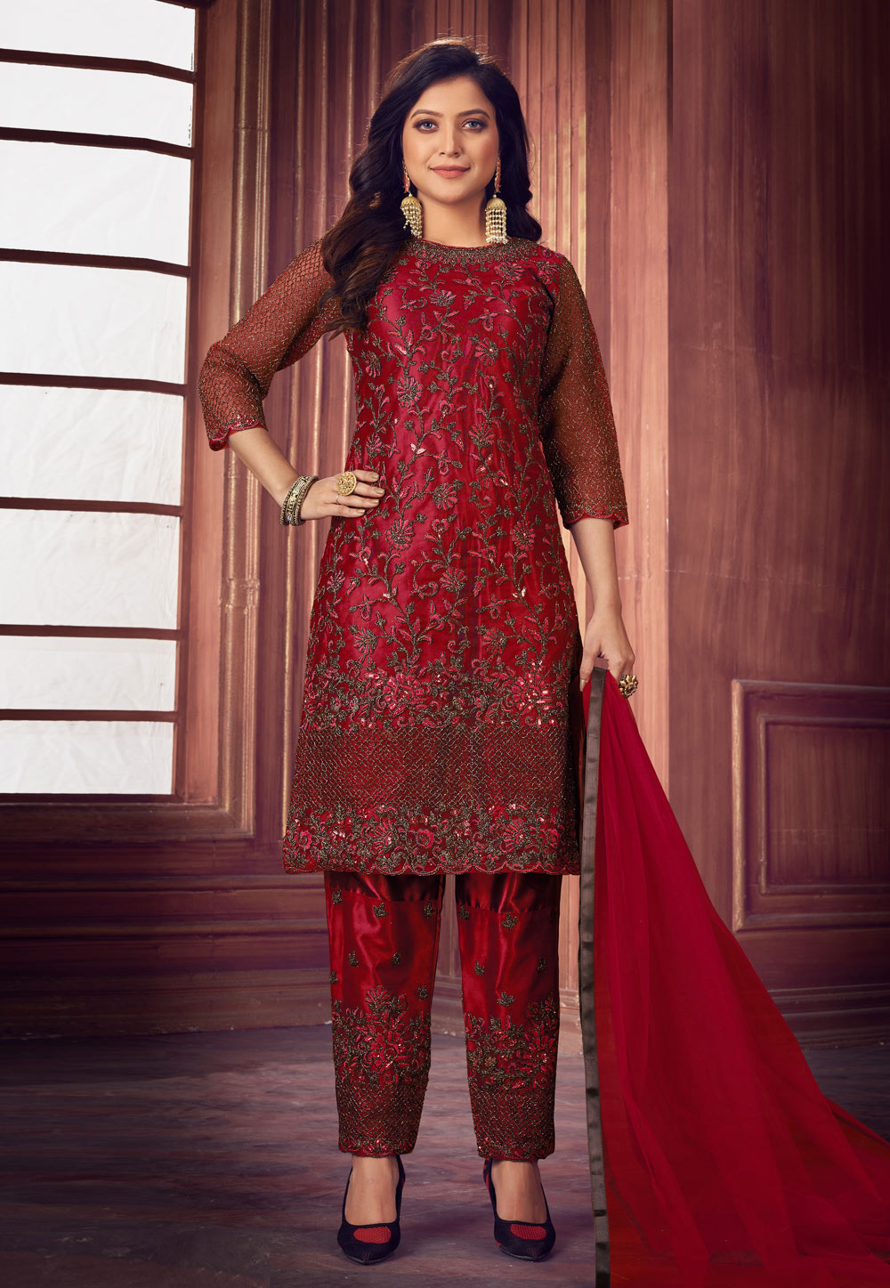 Red Net Kameez With Pant 241740