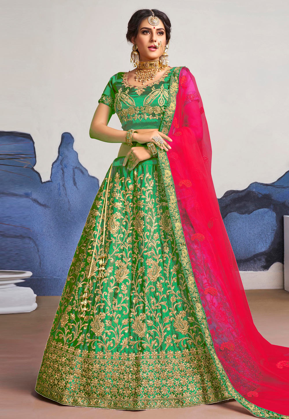 Green Satin Silk Embroidered Lehenga Choli 219643