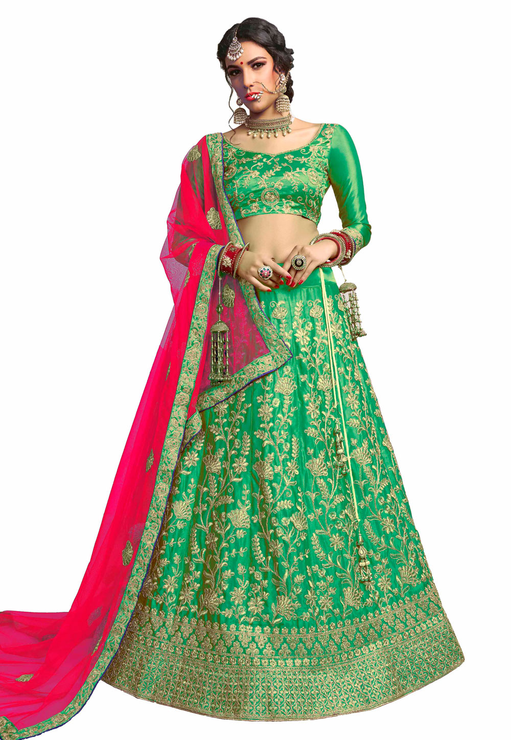 Green Embroidered Satin Silk Lehenga Choli 219624