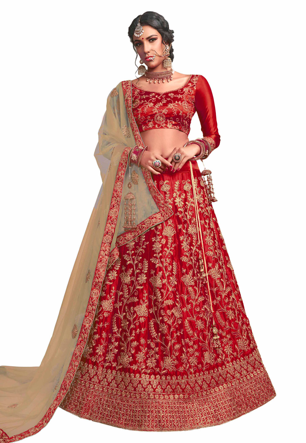Maroon Satin Silk Embroidered Bridal Lehenga Choli 219625