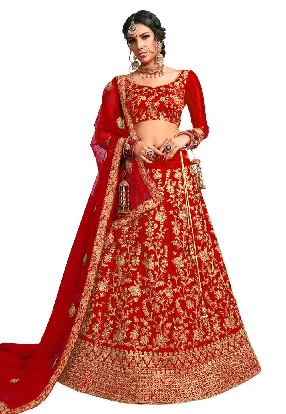 Red Satin Silk Embroidered Bridal Lehenga Choli 219627