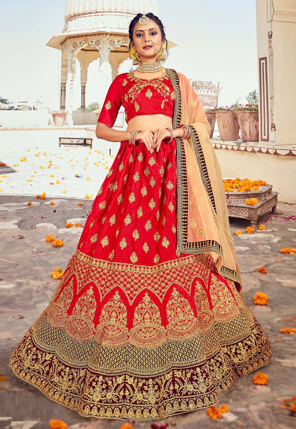 Red Silk Embroidered Bridal Lehenga Choli 219647