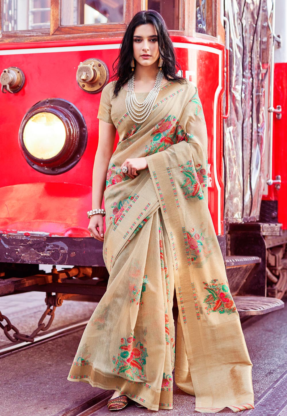 Beige Linen Saree With Blouse 203413