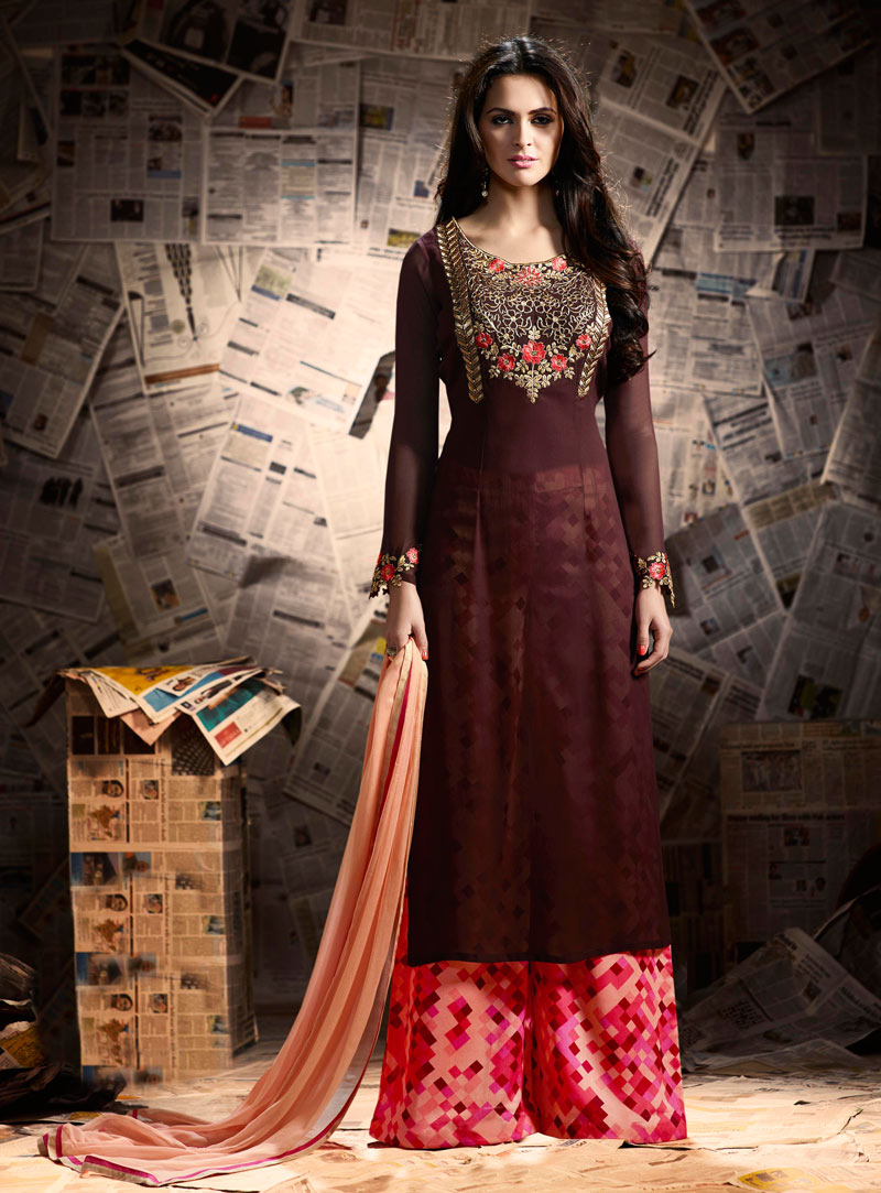 Brown Georgette Palazzo Style Suit  89681