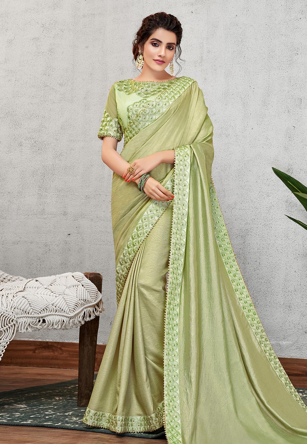 Light Green Satin Silk Saree With Blouse 200019