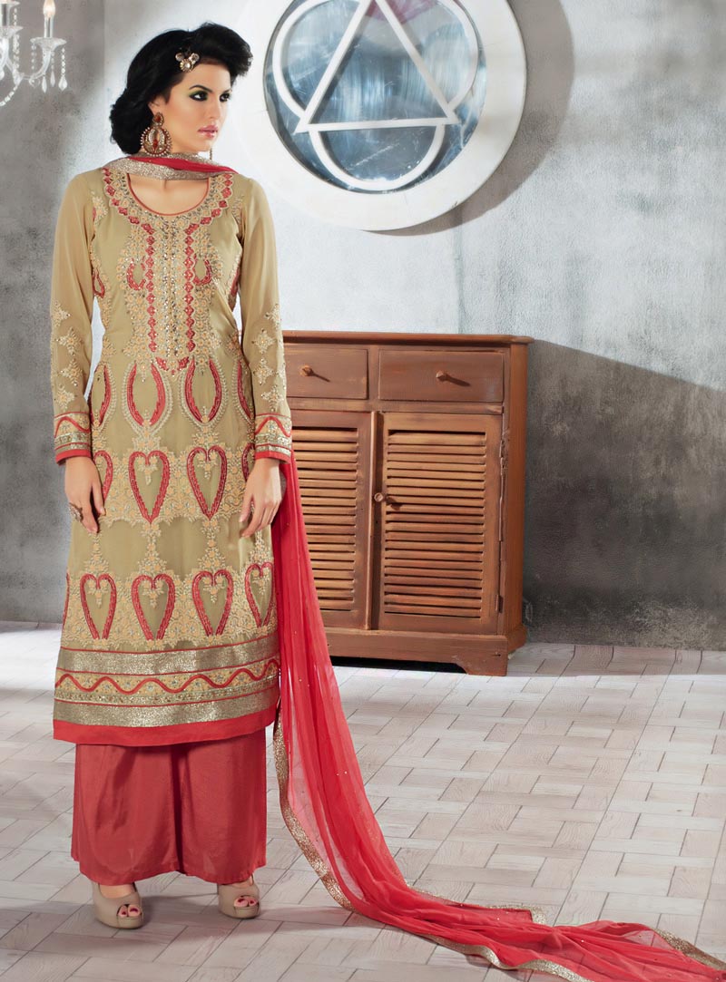 Beige Georgette Palazzo Style Suit 67081