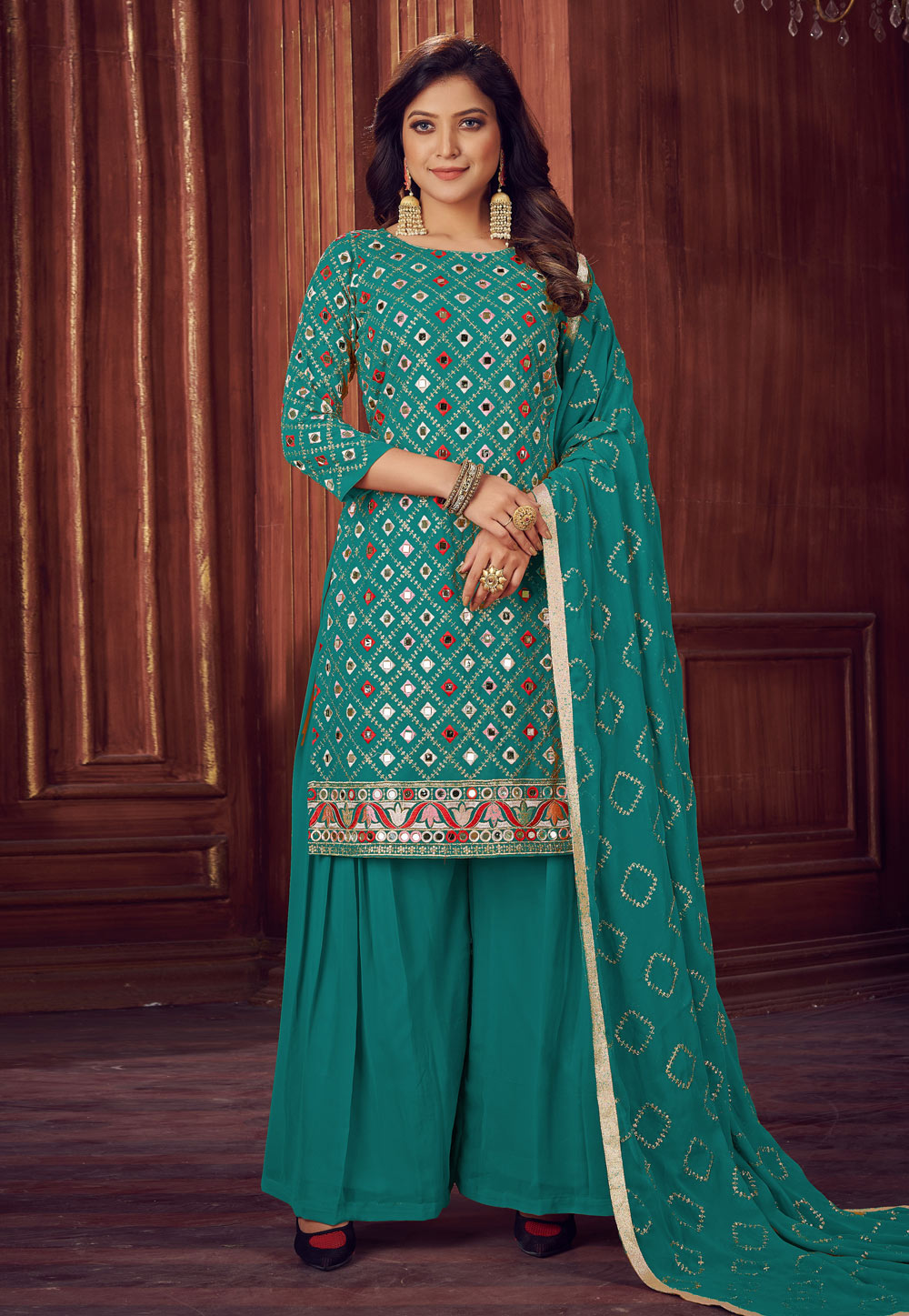 Sea Green Faux Georgette Palazzo Suit 240301