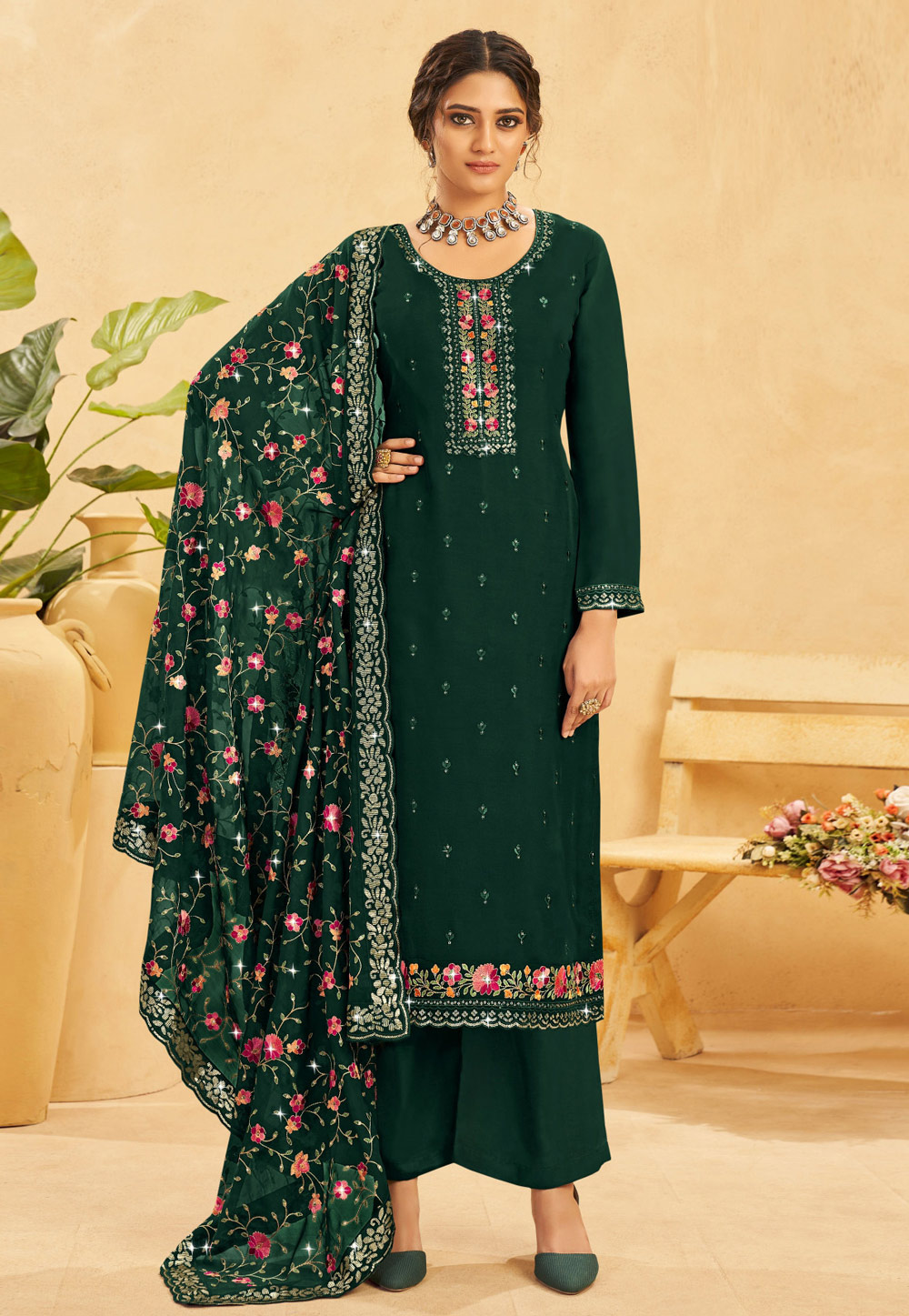 Green Organza Pakistani Palazzo Suit 273397