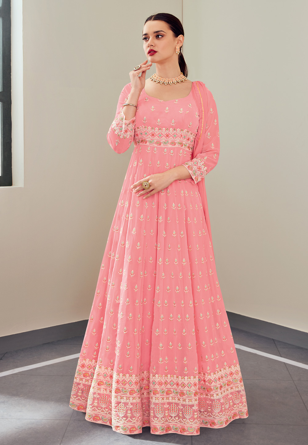 Pink Georgette Embroidered Long Anarkali Suit 231017