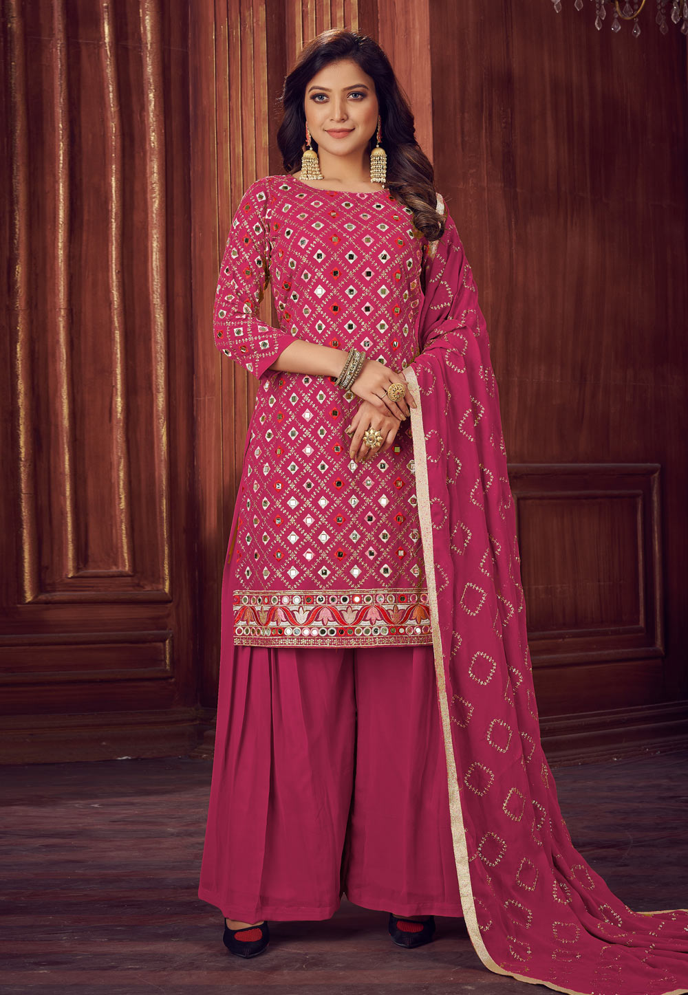Pink Faux Georgette Kameez With Palazzo 240302