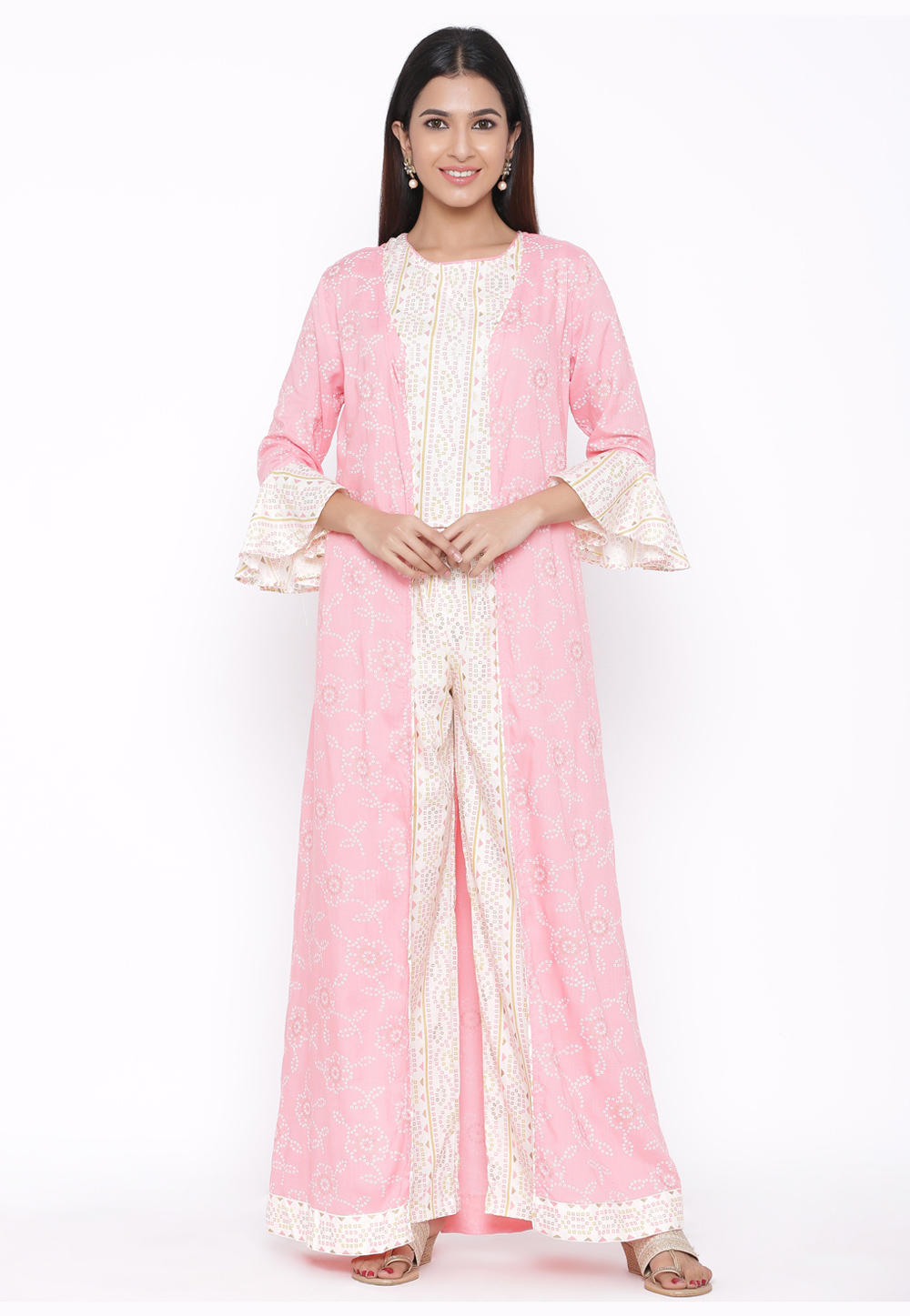 Pink Rayon Jacket Style Kurta Set Palazzo 219845