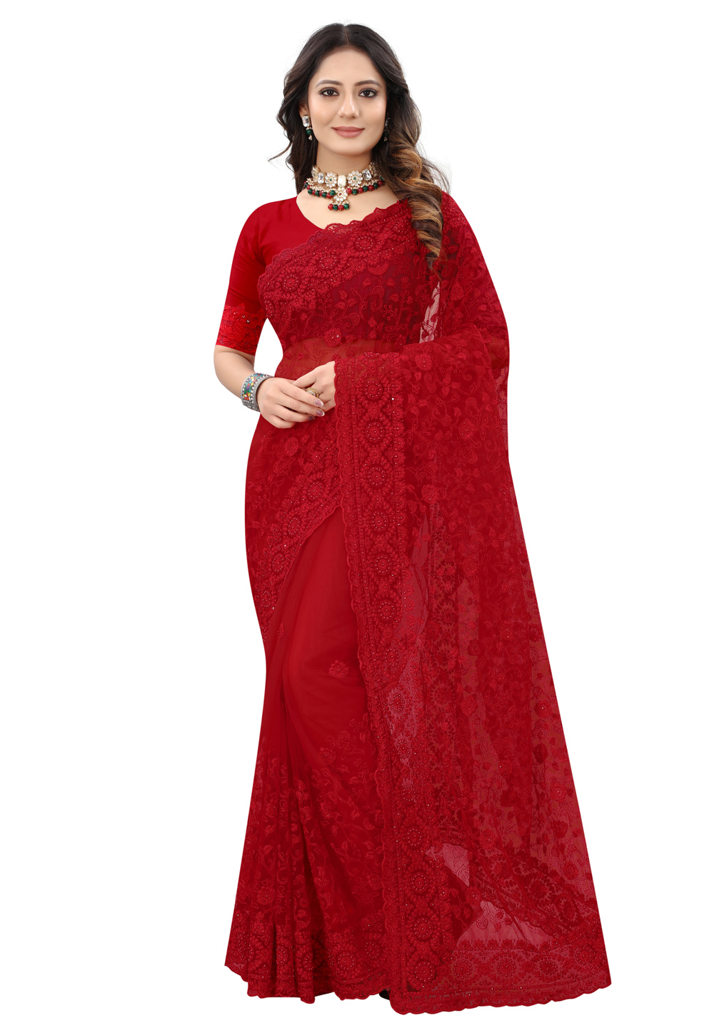 Red Net Festival Wear Saree 239294