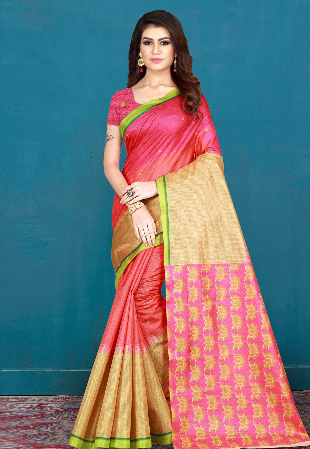 Pink Cotton Printed Saree With Blouse 195387