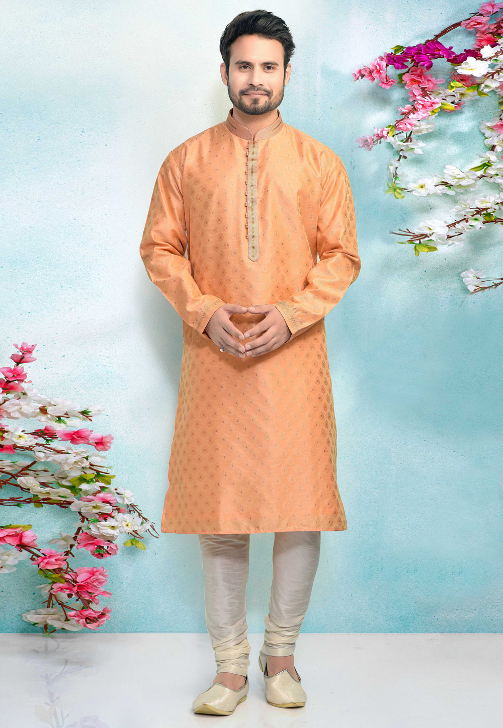 Orange Jacquard Silk Kurta Pajama 220300