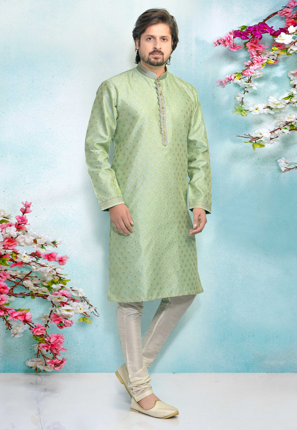 Light Green Jacquard Silk Kurta Pajama 220301
