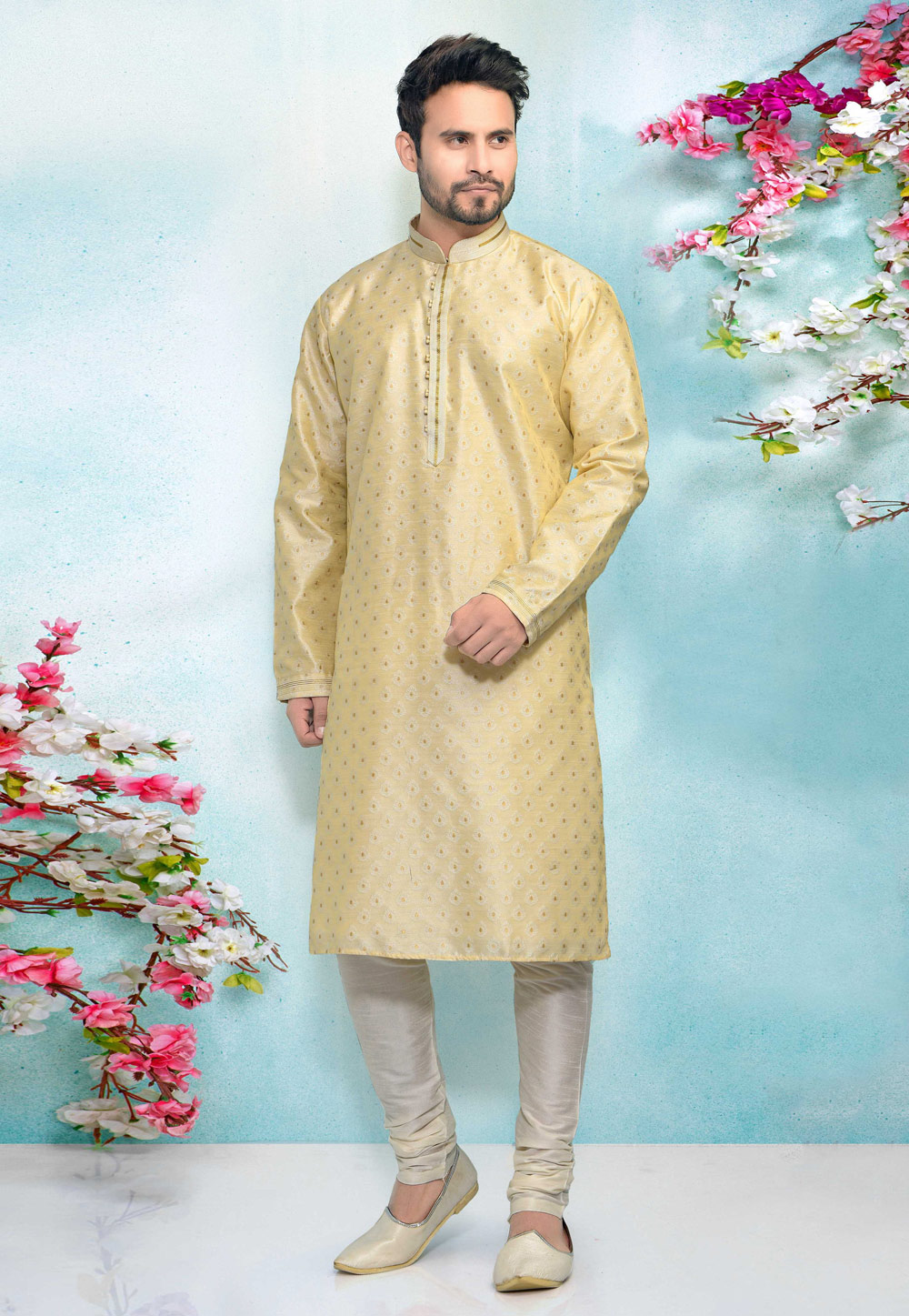 Yellow Jacquard Silk Kurta Pajama 220302
