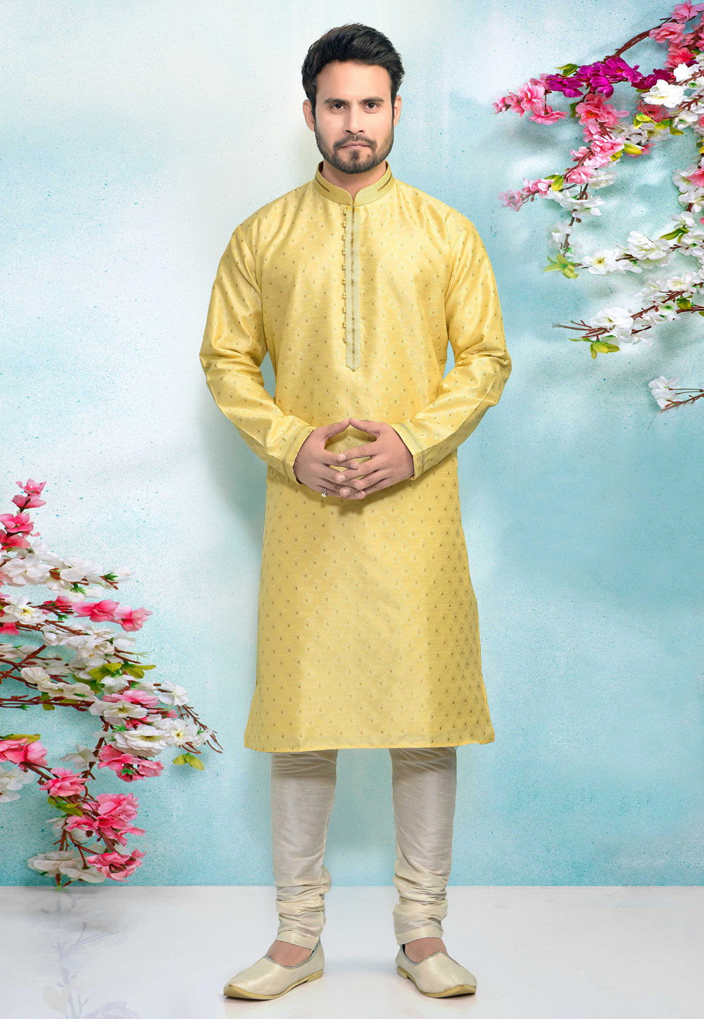 Yellow Jacquard Silk Kurta Pajama 220303