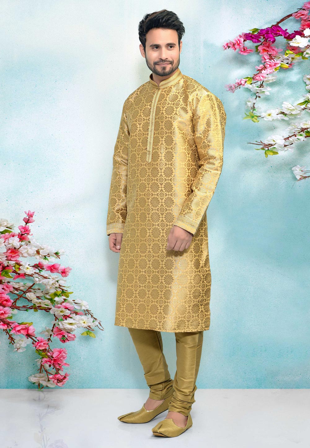 Golden Jacquard Silk Kurta Pajama 220309