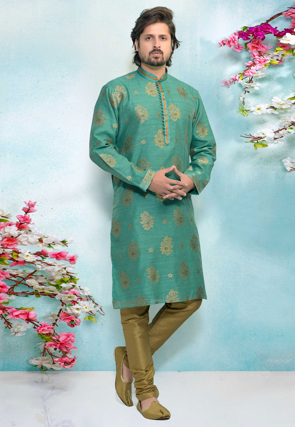 Turquoise Jacquard Silk Kurta Pajama 220312