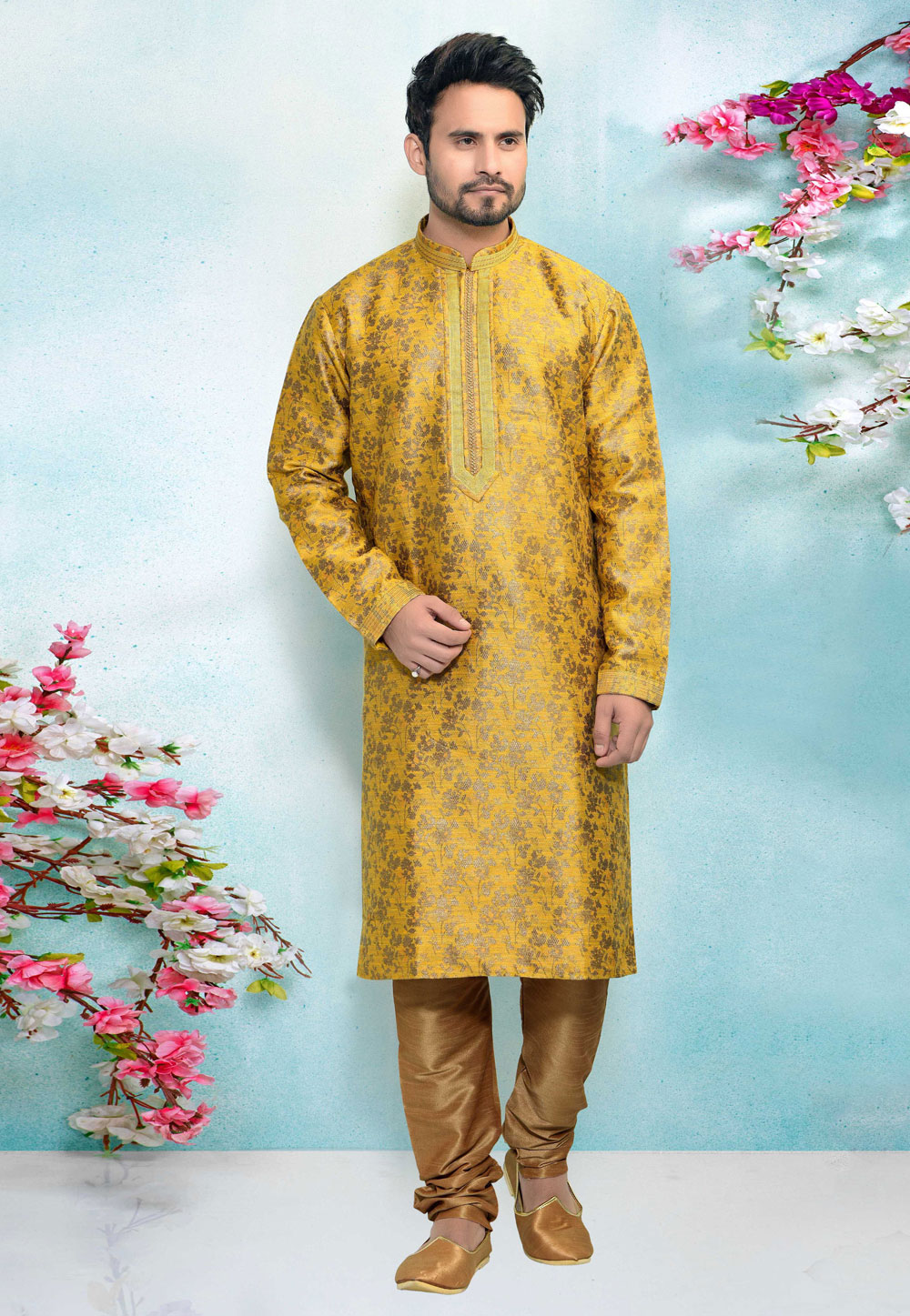 Yellow Jacquard Silk Kurta Pajama 220313