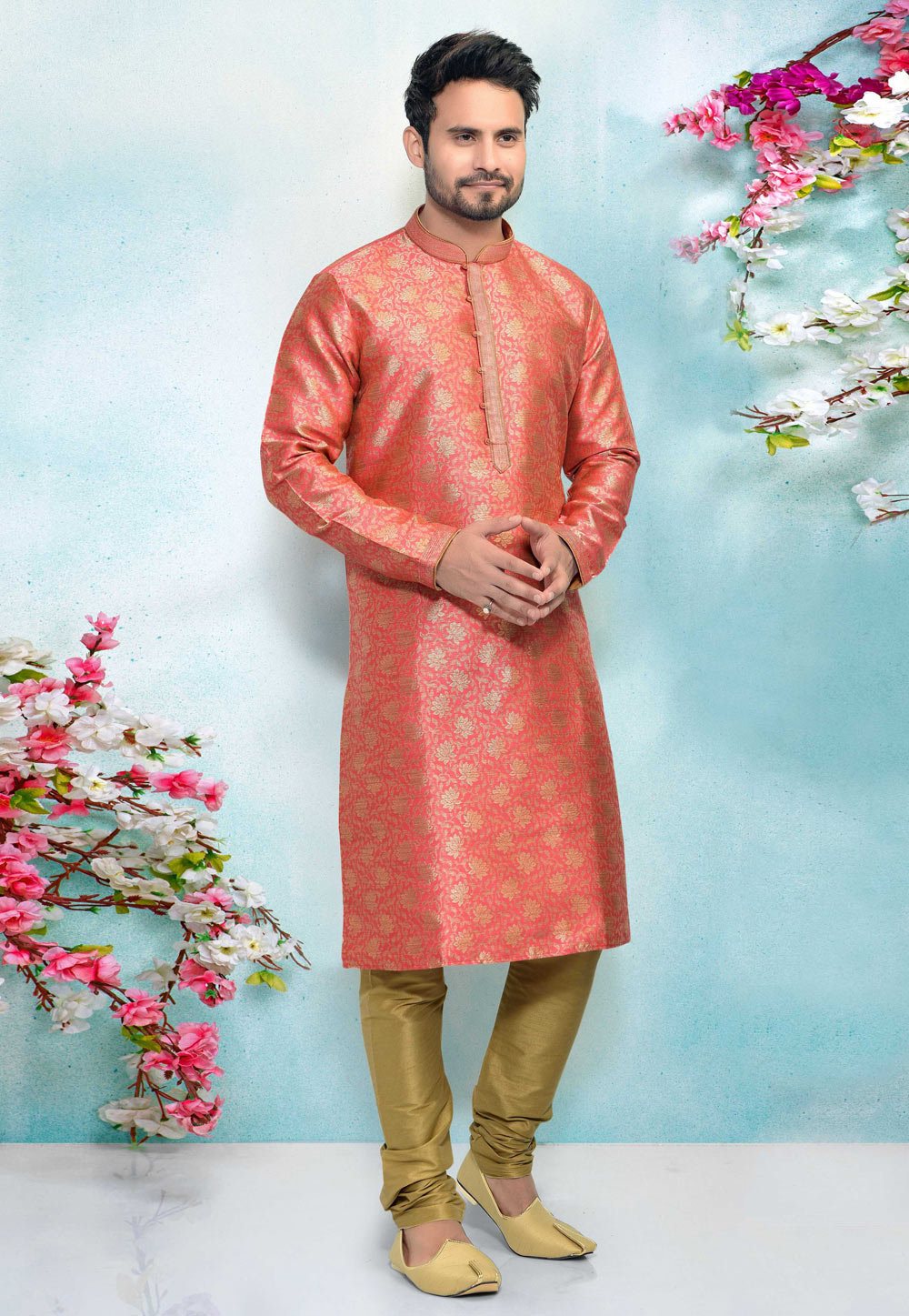Pink Jacquard Silk Kurta Pajama 220319