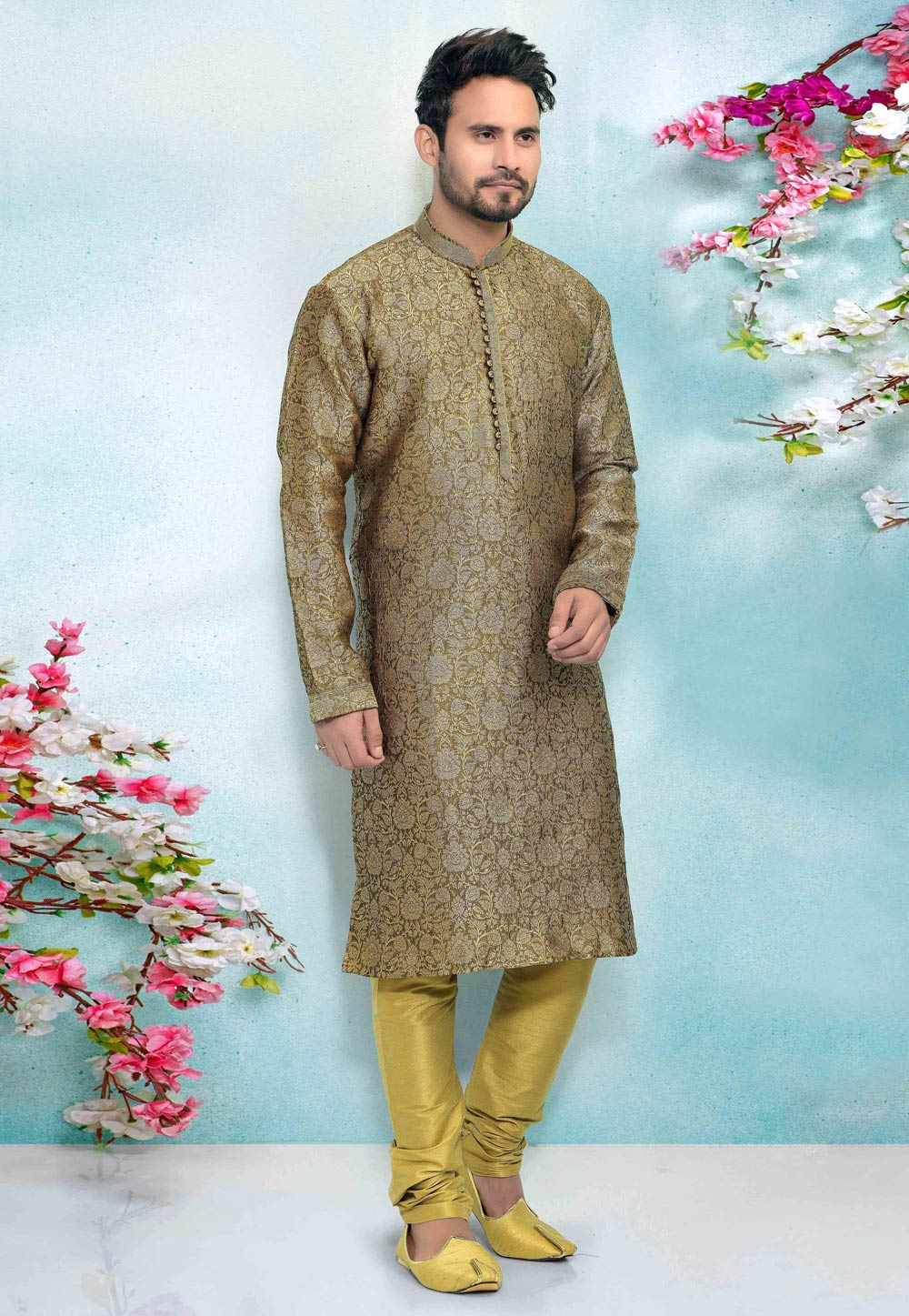 Mehndi Jacquard Silk Kurta Pajama 220333