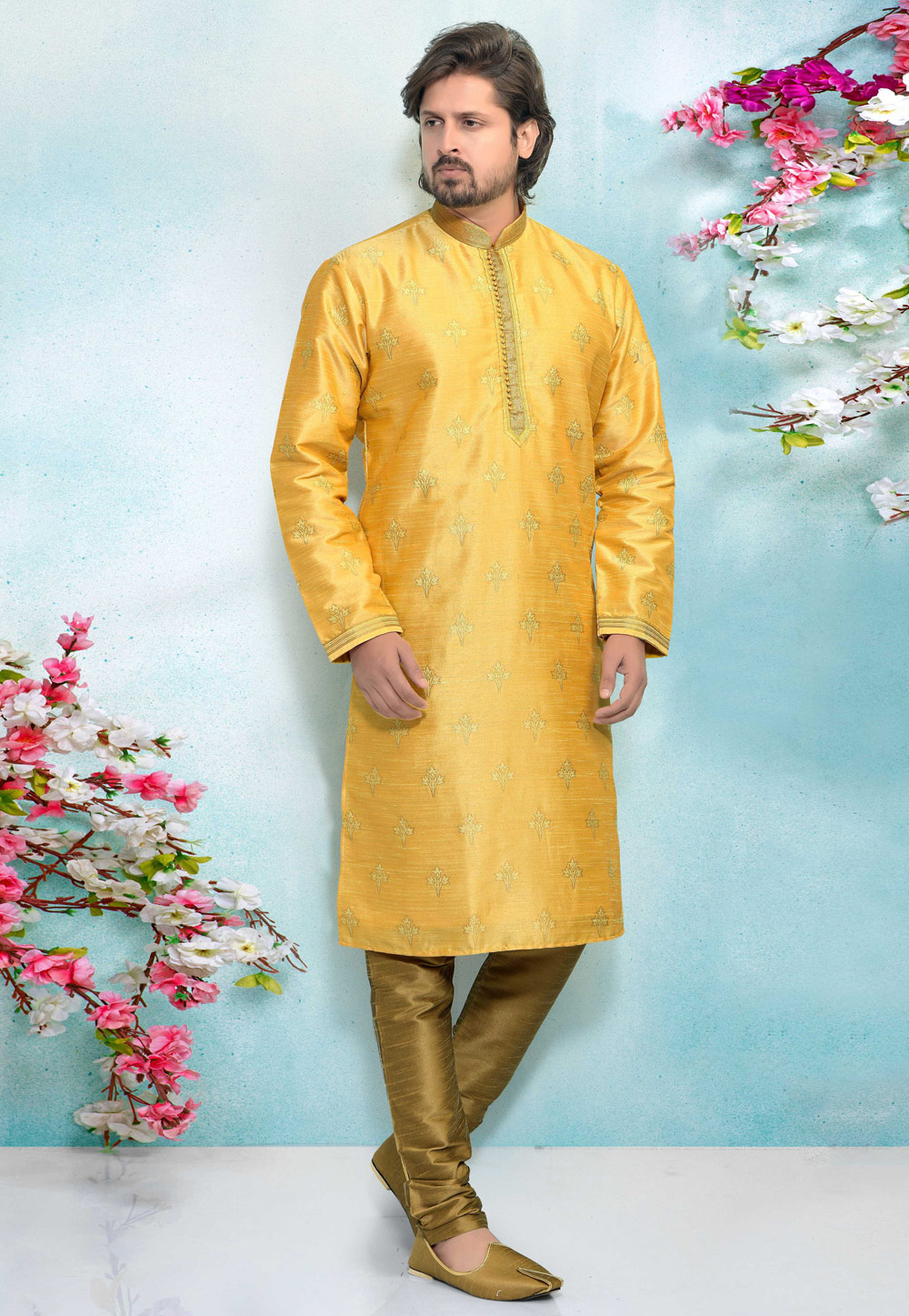 Yellow Jacquard Silk Kurta Pajama 220339
