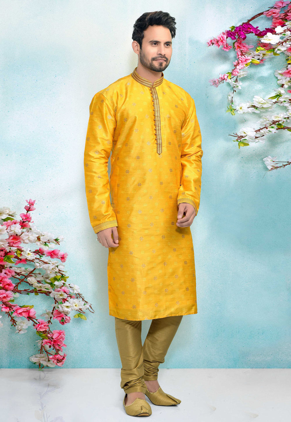 Yellow Jacquard Silk Kurta Pajama 220343