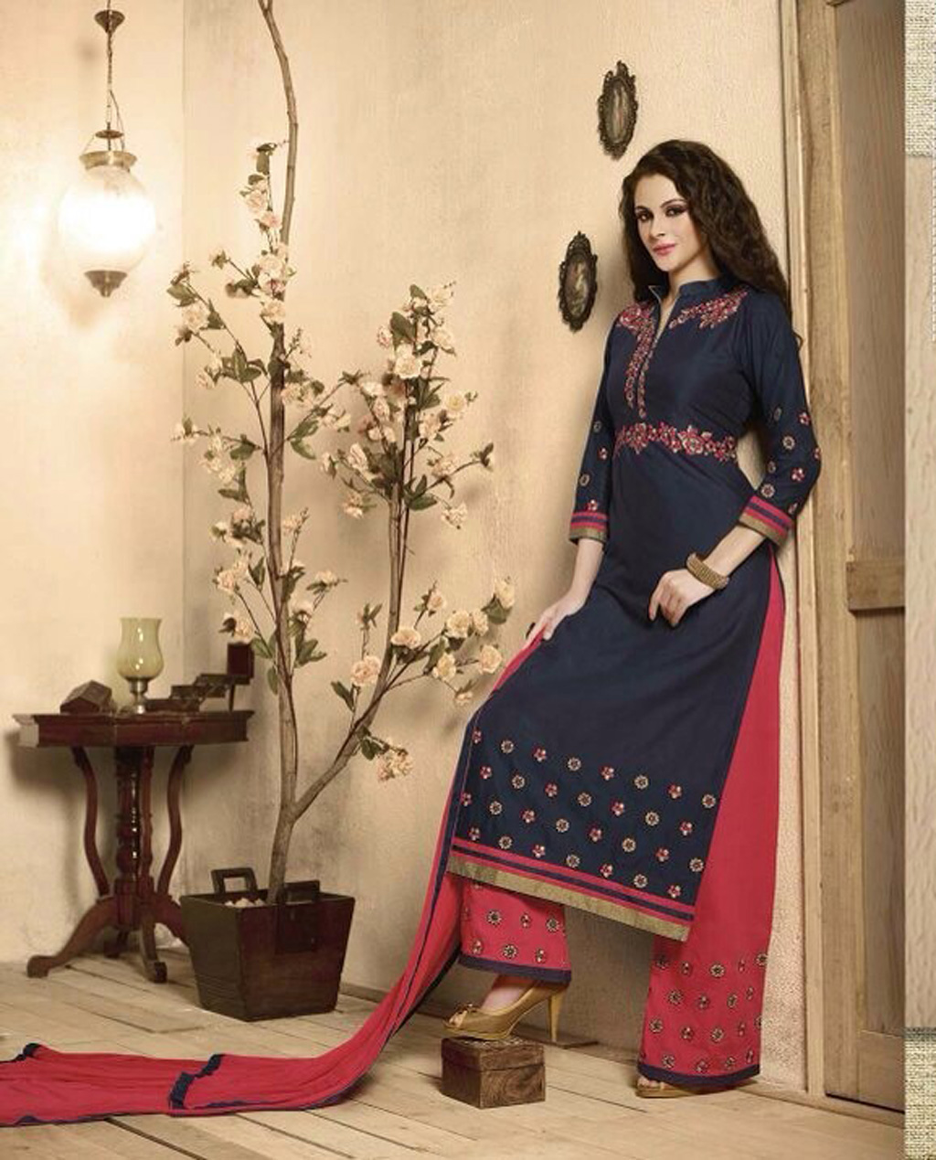 Navy Blue Cambric Cotton Pakistani Style Suit 57469