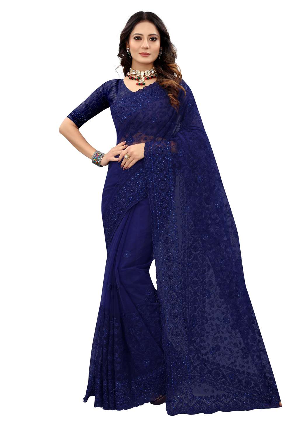 Blue Net Saree With Blouse 239295
